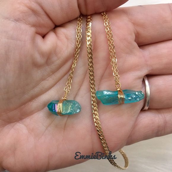New Aqua Green Aura Quartz Crystal Dual Copper Chain Layered Necklace - Picture 8 of 16